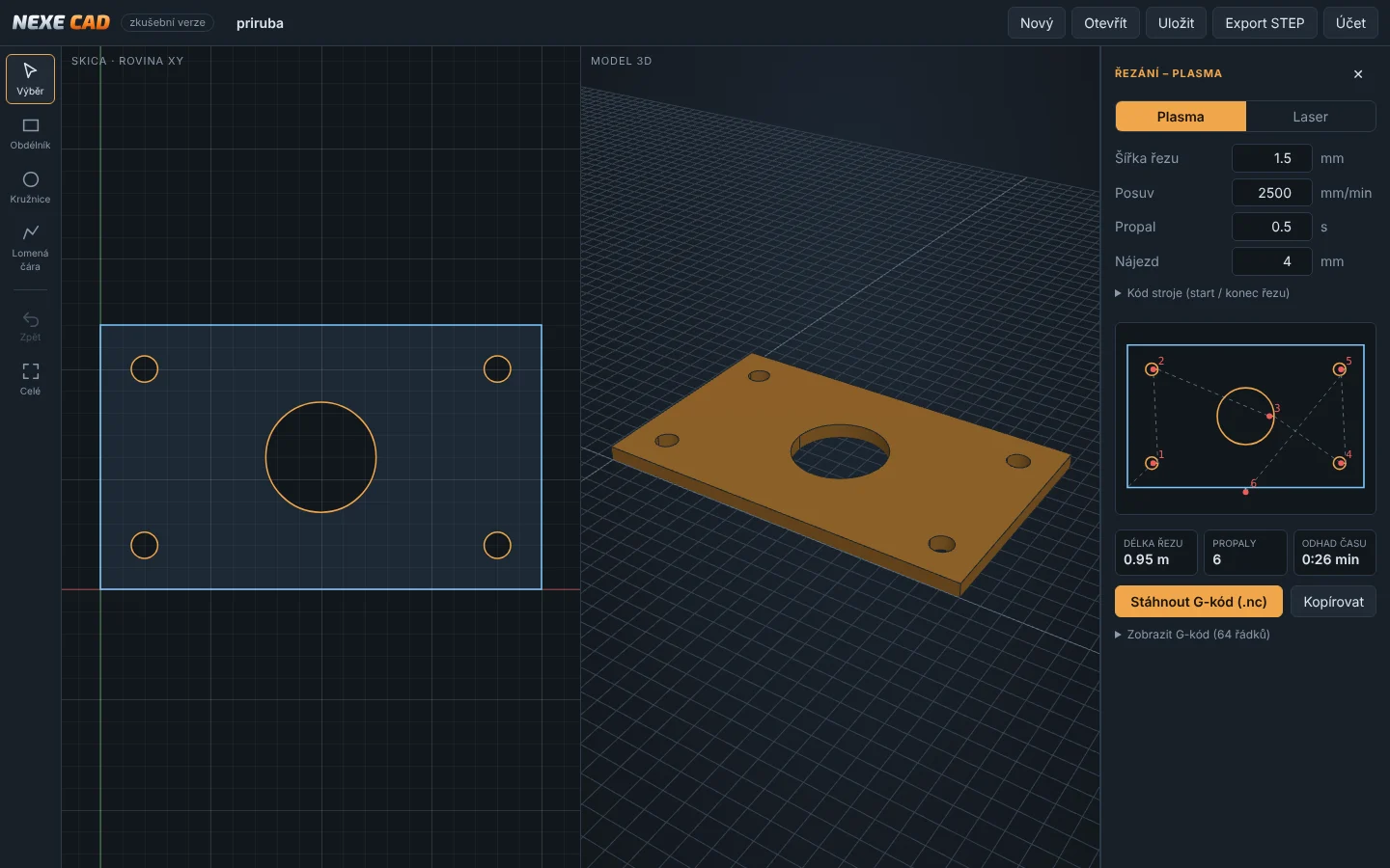 NEXE CAD: skica příruby, 3D model a panel řezání plasmou s náhledem dráhy a G-kódem
